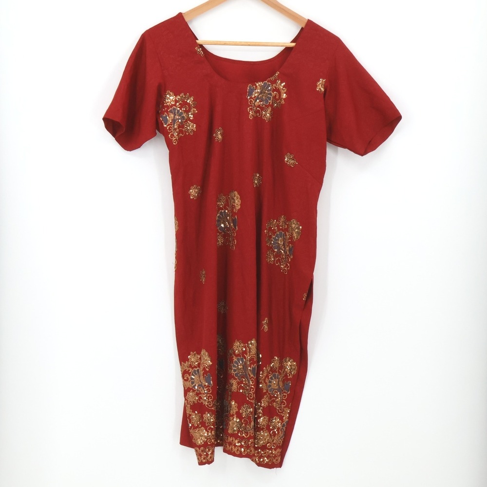 Handmade Red‎ Embroidered Sequin Kurti Tunic Dress Short Sleeve Womens Size M